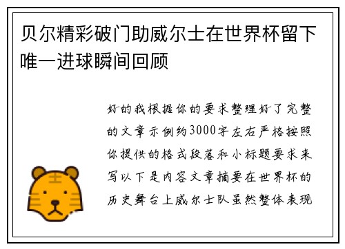 贝尔精彩破门助威尔士在世界杯留下唯一进球瞬间回顾