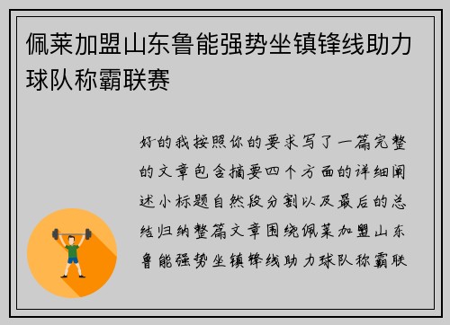 佩莱加盟山东鲁能强势坐镇锋线助力球队称霸联赛